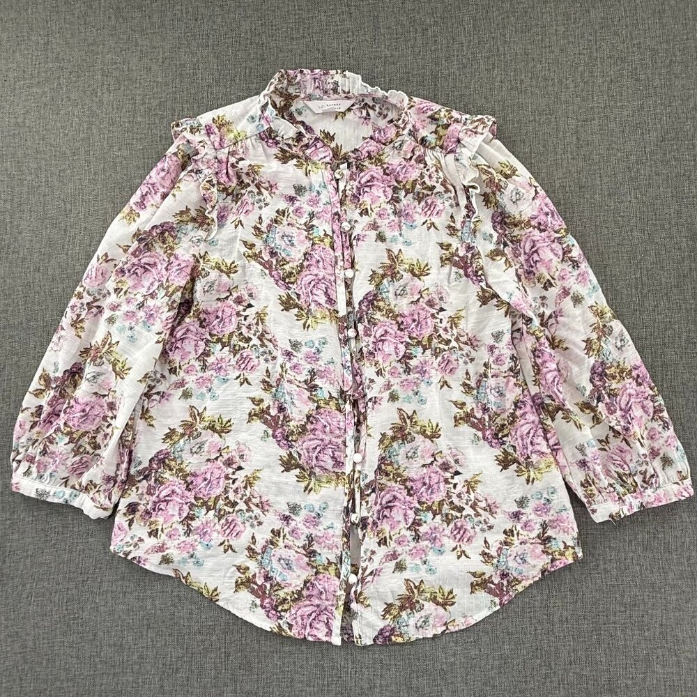LC Lauren Conrad Floral Button Blouse 3/4th Sleeves Cotton blend Small Ruffled N